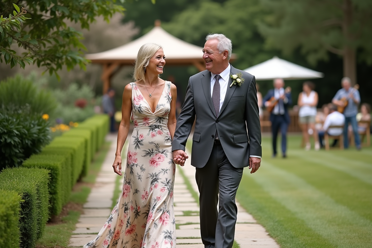 Parents souriants marchant dans le jardin du mariage