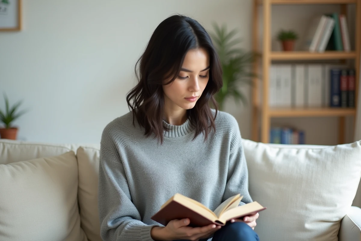 Femme lisant un livre chez elle dans un appartement minimaliste, ambiance intime et privée illustrant la discrétion de Pauline Sanzey