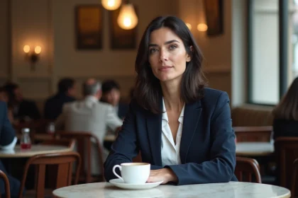 Femme élégante assise dans un café parisien, regard discret et pensif, illustrant la vie privée de Pauline Sanzey