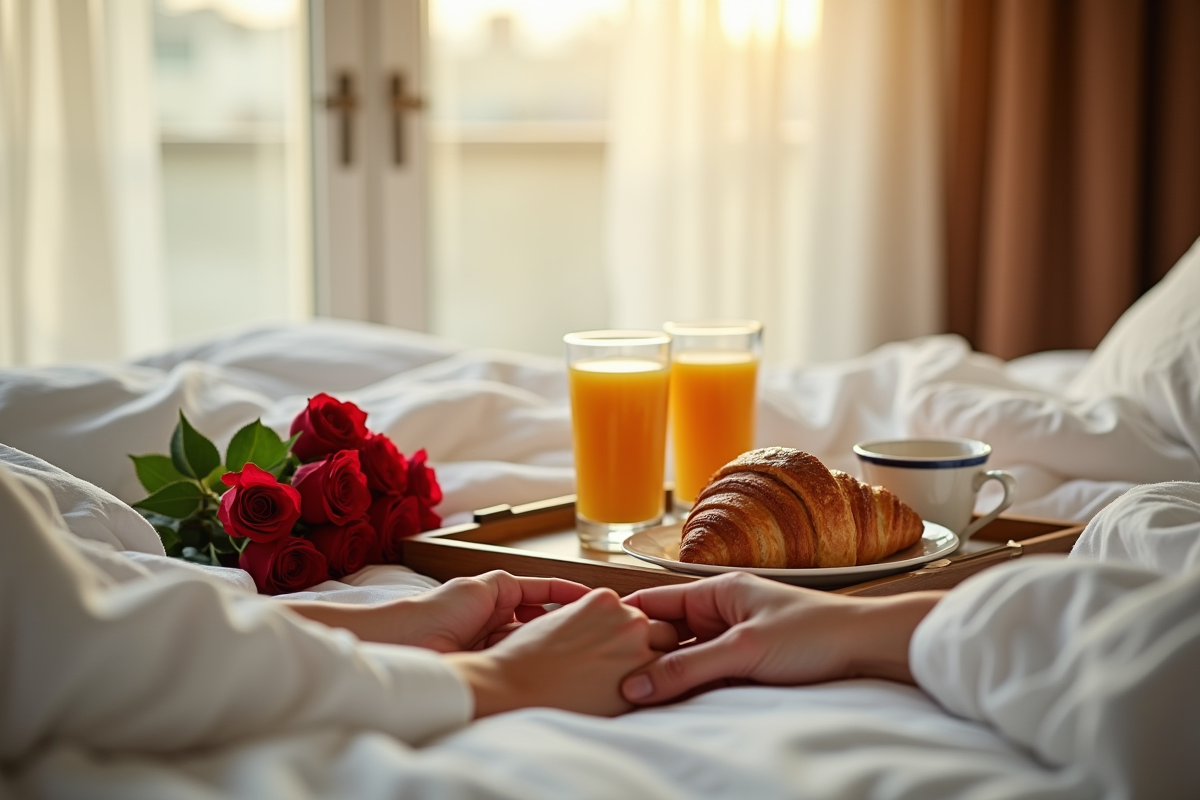 Petit déjeuner romantique au lit avec roses et jus d