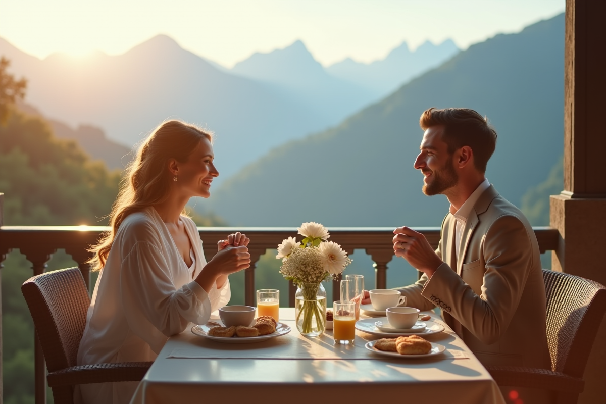 Jeune couple prenant le petit déjeuner avec vue sur la montagne