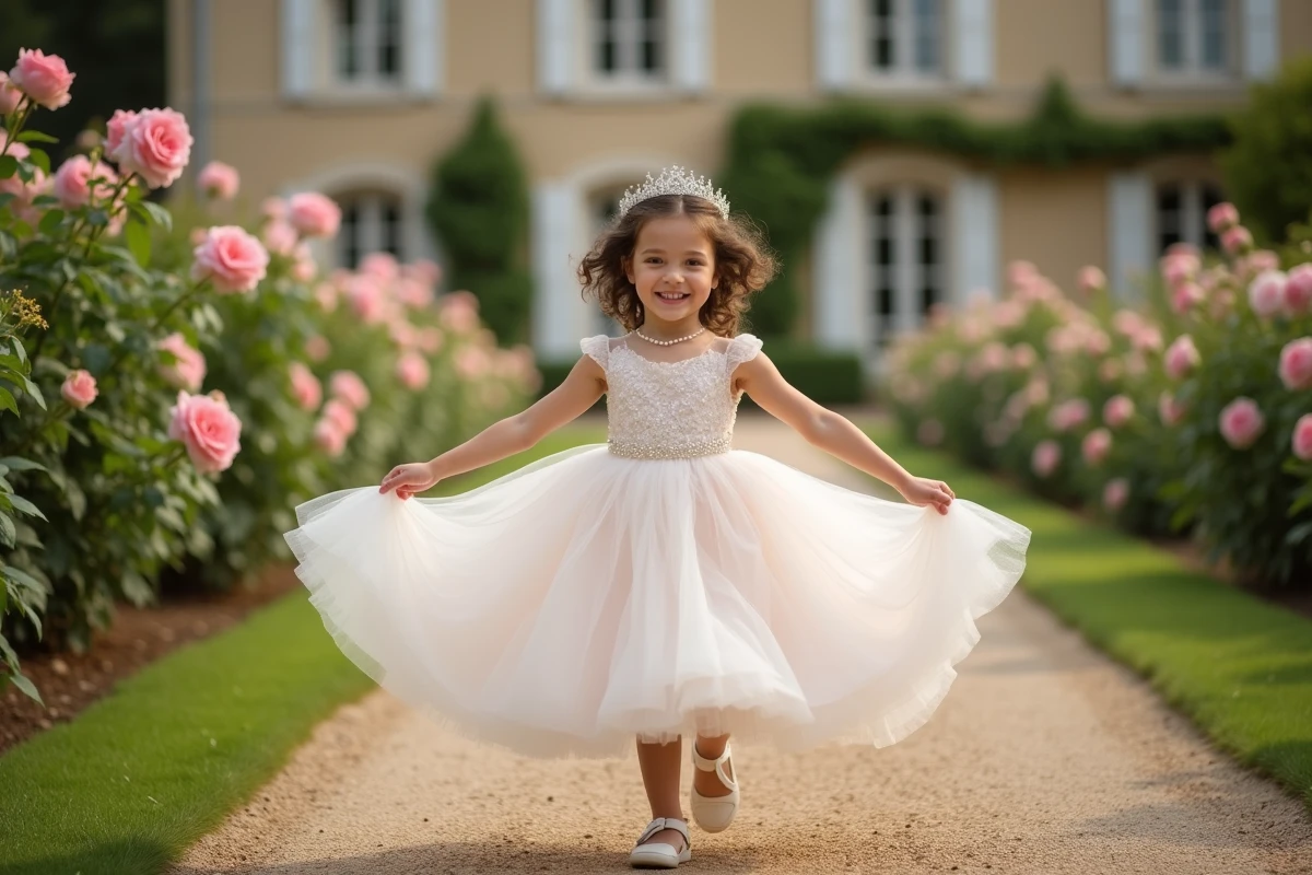 Petite fille en robe de princesse dans un jardin fleuri