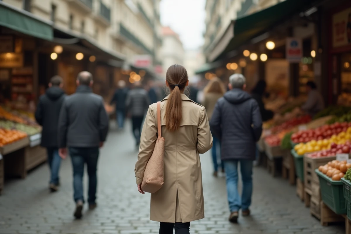 Femme photographiée à son insu dans un marché urbain animé, illustrant la différence entre photo volée et officielle