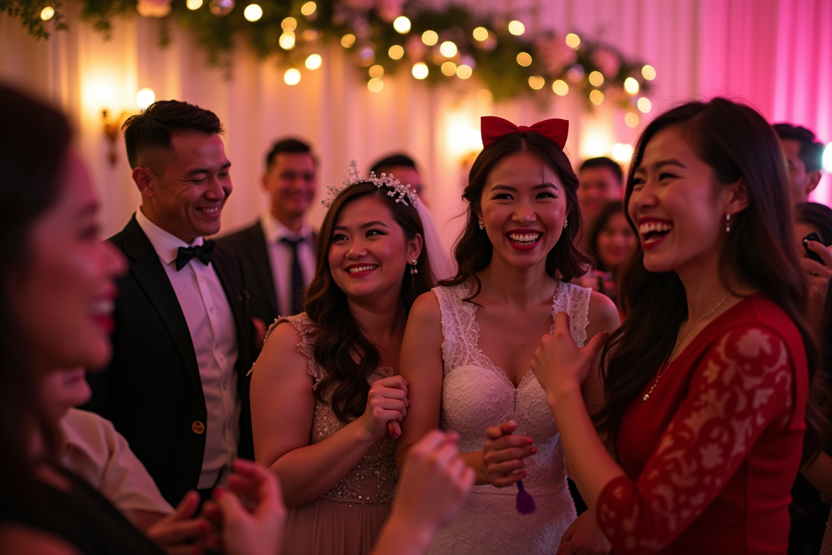 Photobooth moderne lors d'un mariage avec invités souriants et décorations festives