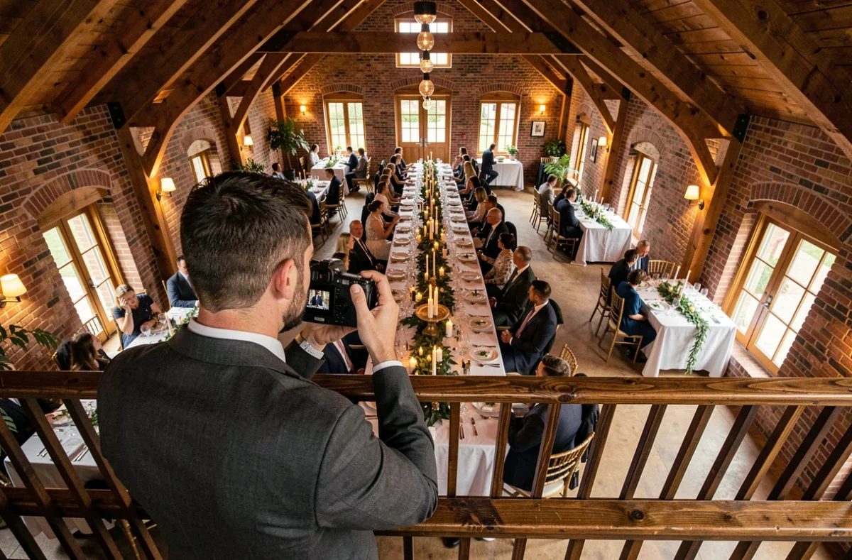 Photodav86 photographiant en plongée une longue table de réception de mariage décorée dans une salle normande de Seine-Maritime
