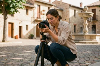 Photographe professionnelle en extérieur dans un village de Castanet, consultant son appareil photo devant des façades en pierre