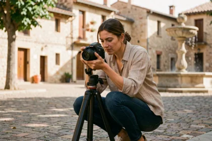 Photographe professionnelle en extérieur dans un village de Castanet, consultant son appareil photo devant des façades en pierre