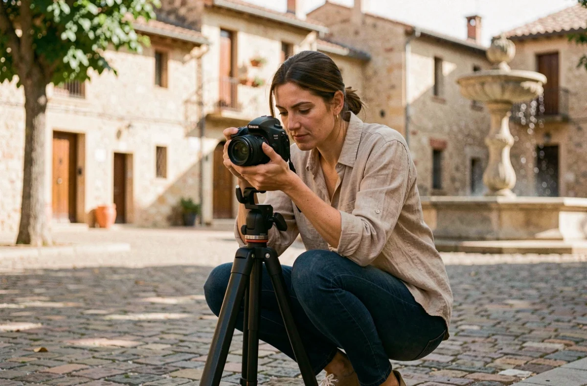Photographe professionnelle en extérieur dans un village de Castanet, consultant son appareil photo devant des façades en pierre