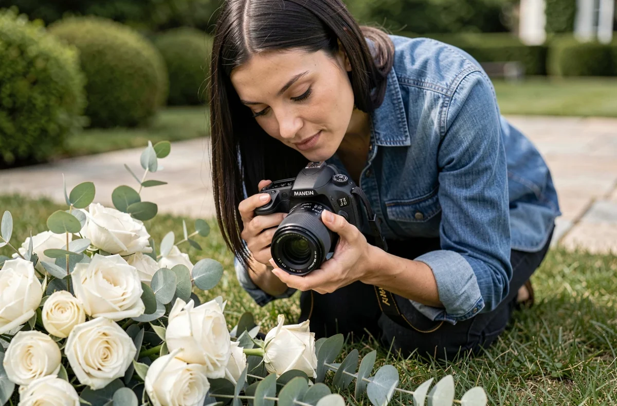 Photographe Christelle en macro-photographie de détails de mariage, alliances sur des roses blanches dans un jardin de Seine-Maritime
