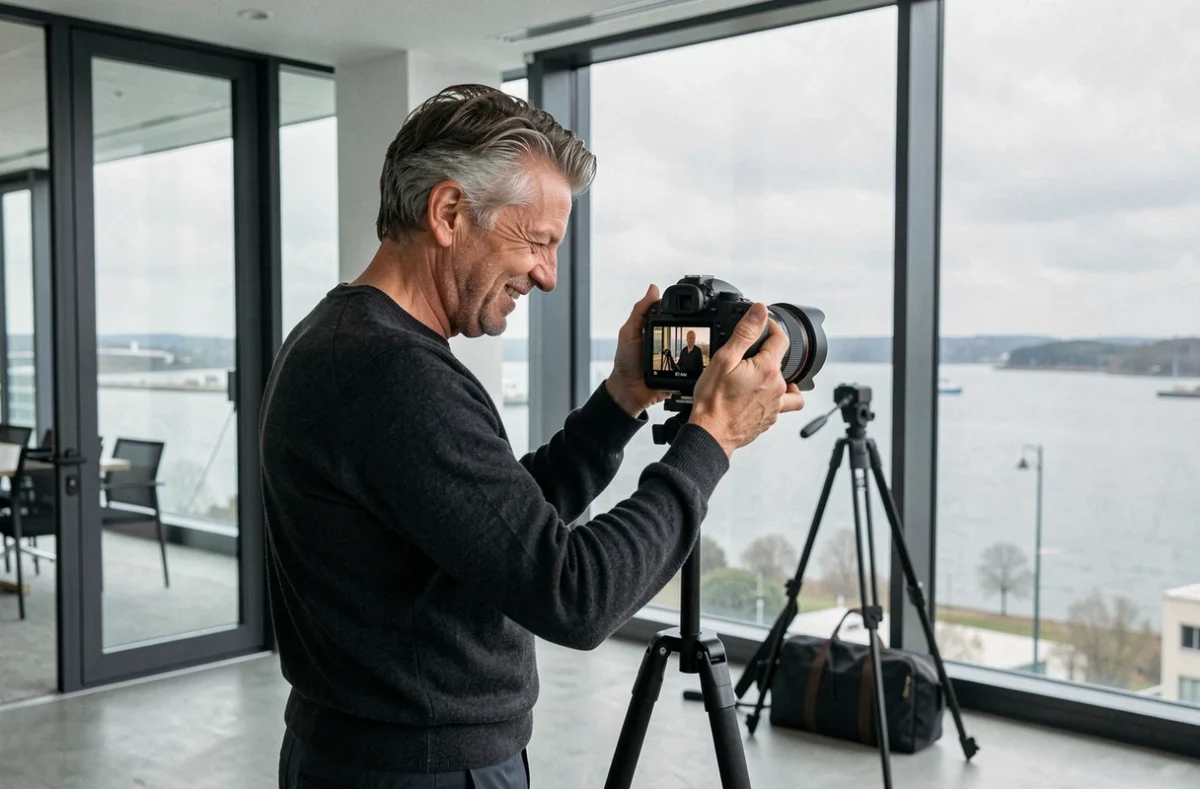 Photographe professionnel consultant ses clichés après une séance portrait corporate dans un bureau moderne à Bouguenais