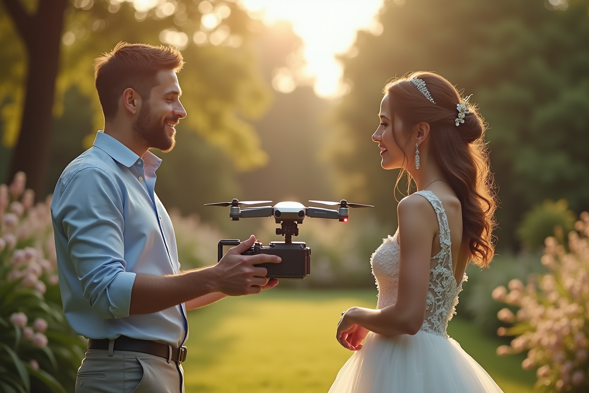 Photographe avec drone discutant avec mariés dans un jardin ensoleille