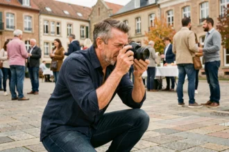 Photographe professionnel en action lors d'un événement extérieur à Bouguenais, cadrant une scène sur une place publique en automne