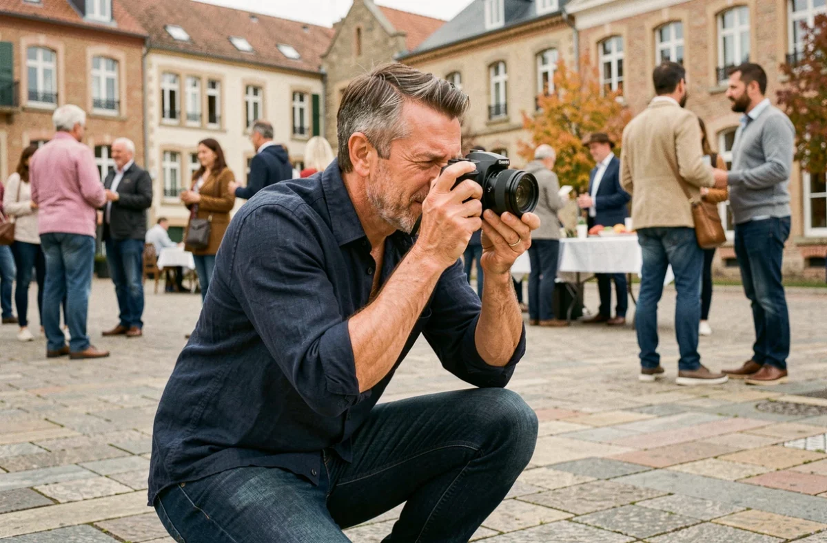 Photographe professionnel en action lors d'un événement extérieur à Bouguenais, cadrant une scène sur une place publique en automne