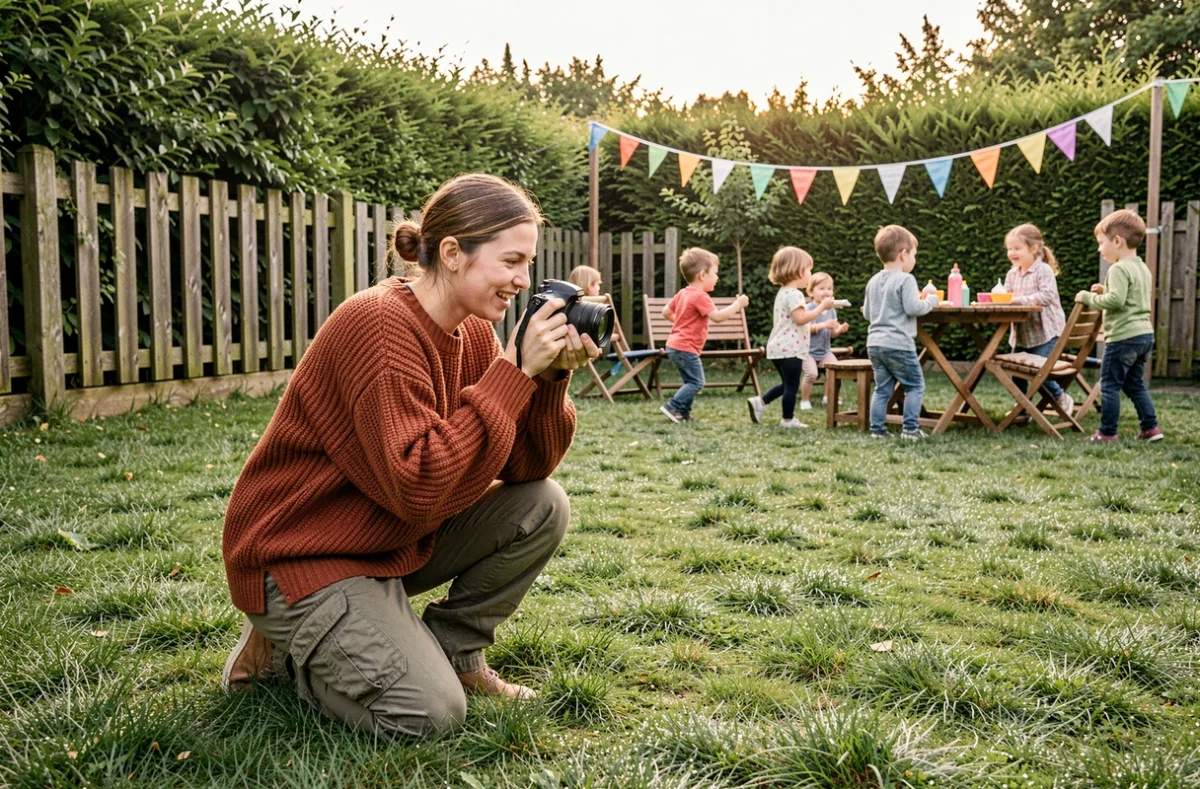 Photographe jeune femme en train de photographier une fête d'anniversaire en famille dans un jardin résidentiel à Bouguenais