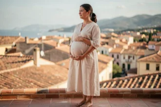 Femme enceinte en robe ivoire sur une terrasse avec vue sur les toits de Perpignan