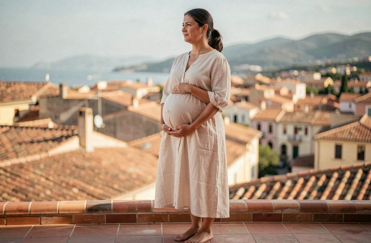 Femme enceinte en robe ivoire sur une terrasse avec vue sur les toits de Perpignan