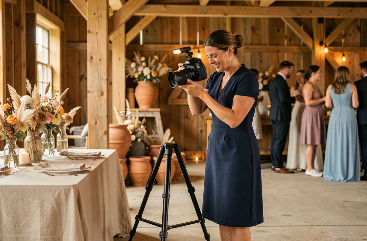 Photographe de mariage femme vérifiant ses clichés sur son appareil photo dans une salle de réception rustique décorée