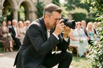 Photographe de mariage professionnel en train de cadrer une scène lors d'une cérémonie en plein air dans un jardin avec arches en pierre