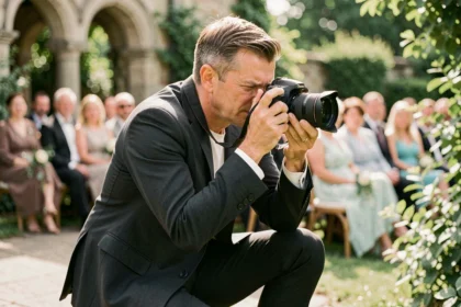 Photographe de mariage professionnel en train de cadrer une scène lors d'une cérémonie en plein air dans un jardin avec arches en pierre