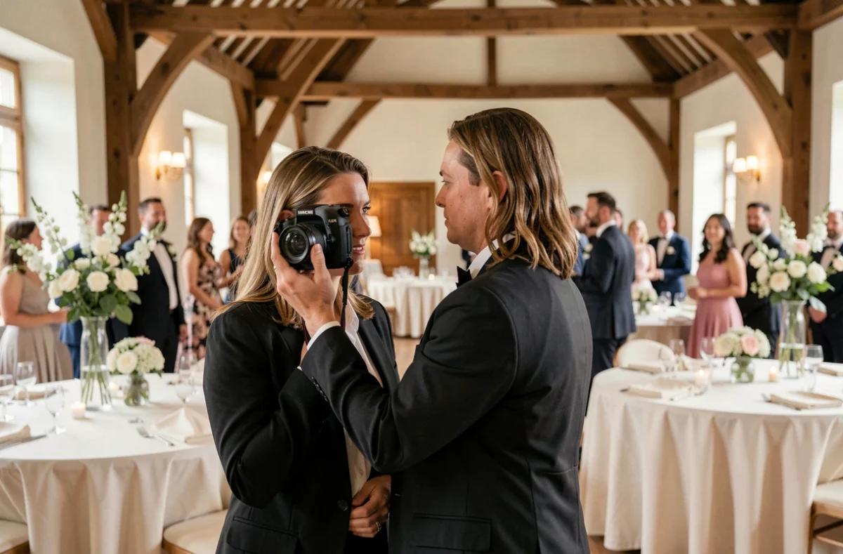 Photographe de mariage femme immortalisant un moment complice entre mariés dans une salle de réception près de Bouguenais