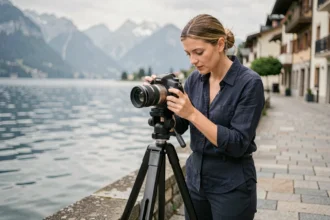 Photographe professionnelle au bord du lac à Thonon-les-Bains, réglant son appareil photo sur trépied lors d'une séance en extérieur