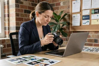Photographe professionnelle consultant son portfolio sur un ordinateur portable dans un bureau créatif avec des offres d'emploi affichées