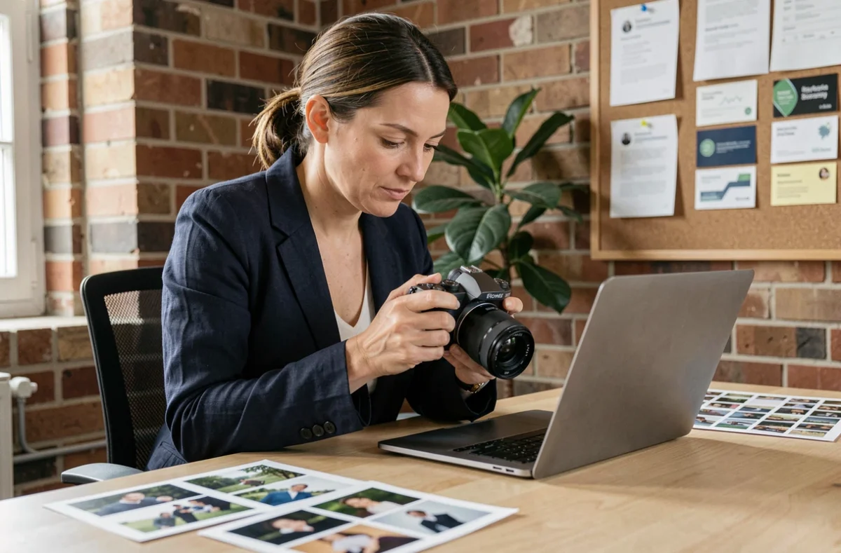 Photographe professionnelle consultant son portfolio sur un ordinateur portable dans un bureau créatif avec des offres d'emploi affichées