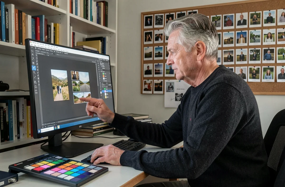 Photographe professionnel en train de retoucher des photos dans son bureau à Saint-Brieuc
