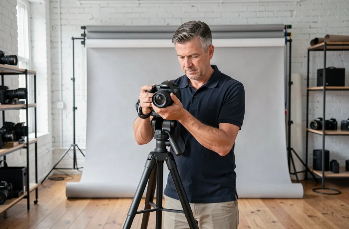 Photographe professionnel en studio à Castanet réglant son appareil photo sur trépied dans un espace de travail authentique