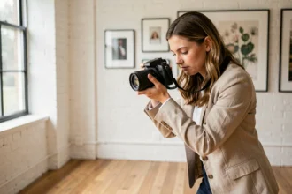 Photographe professionnelle dans son studio à Saint-Brieuc, examinant des clichés sur son appareil photo