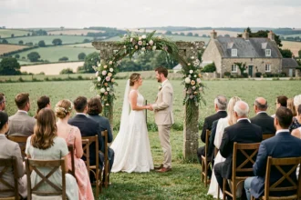 Cérémonie de mariage en plein air en Seine-Maritime avec un couple sous une arche fleurie, illustrant le top 10 des photographes de mariage de la région