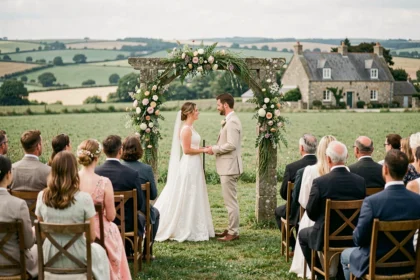 Cérémonie de mariage en plein air en Seine-Maritime avec un couple sous une arche fleurie, illustrant le top 10 des photographes de mariage de la région