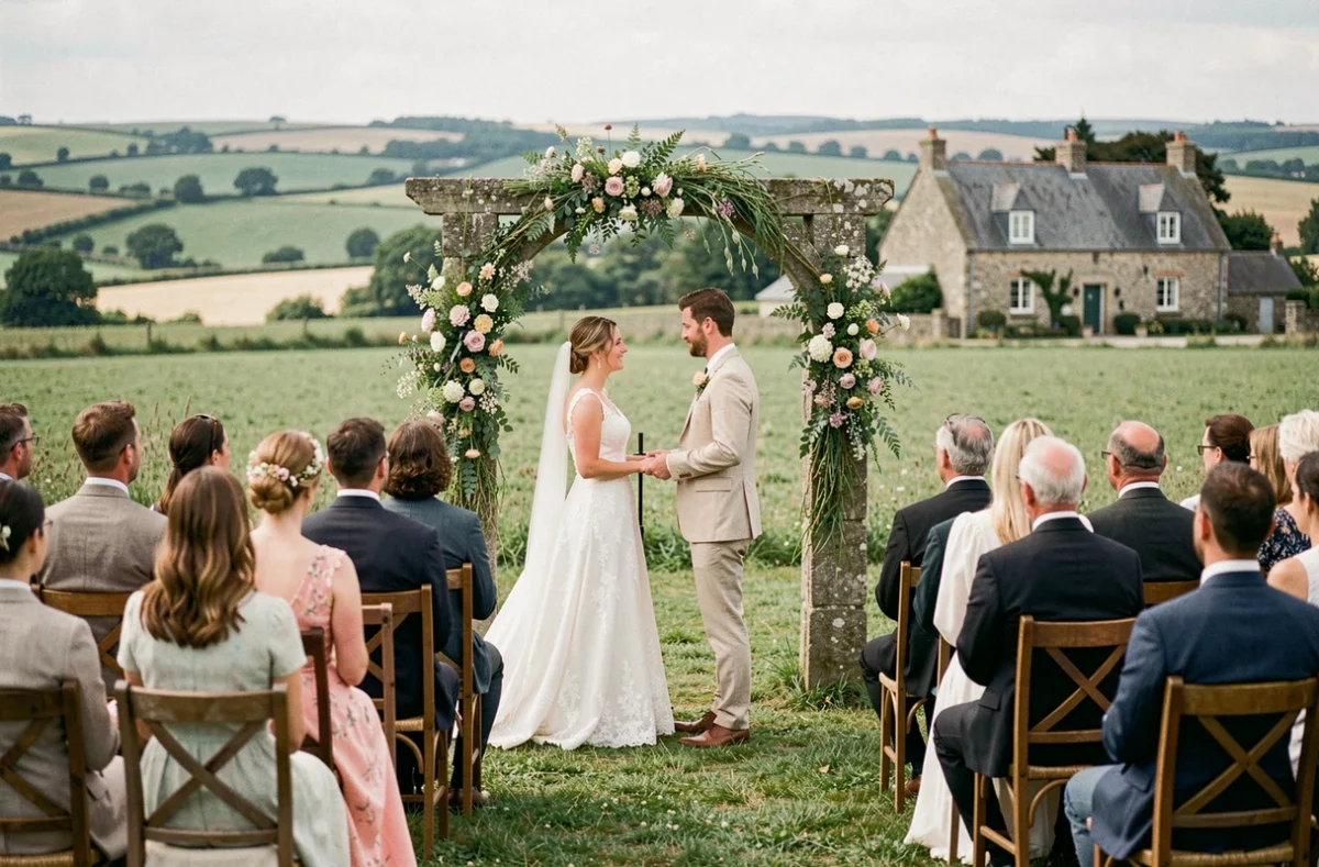 Cérémonie de mariage en plein air en Seine-Maritime avec un couple sous une arche fleurie, illustrant le top 10 des photographes de mariage de la région