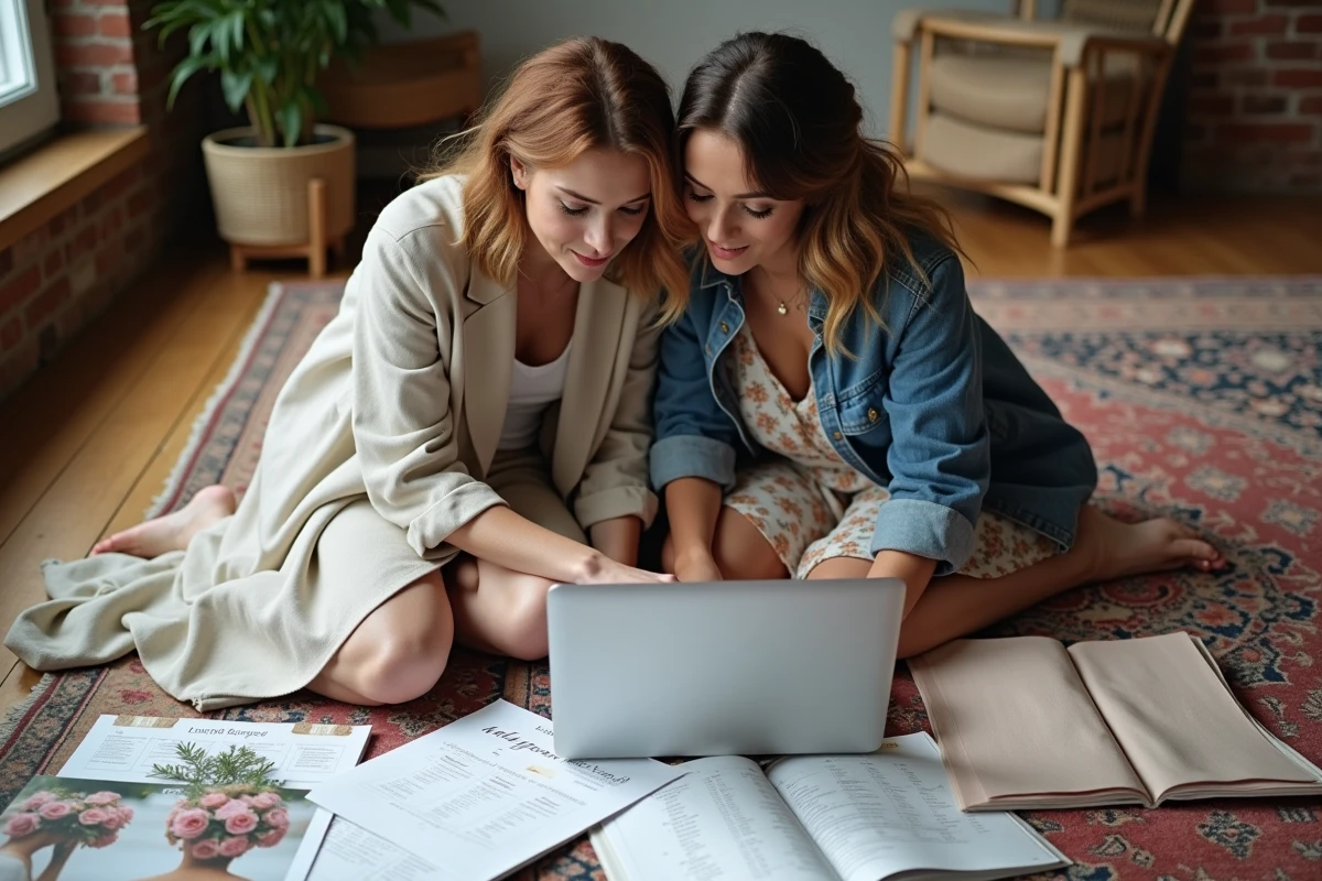Deux amies planifiant un mariage bohème pas cher avec des swatches de tissus et un ordinateur portable sur un sol en bois, atmosphère conviviale et organisée