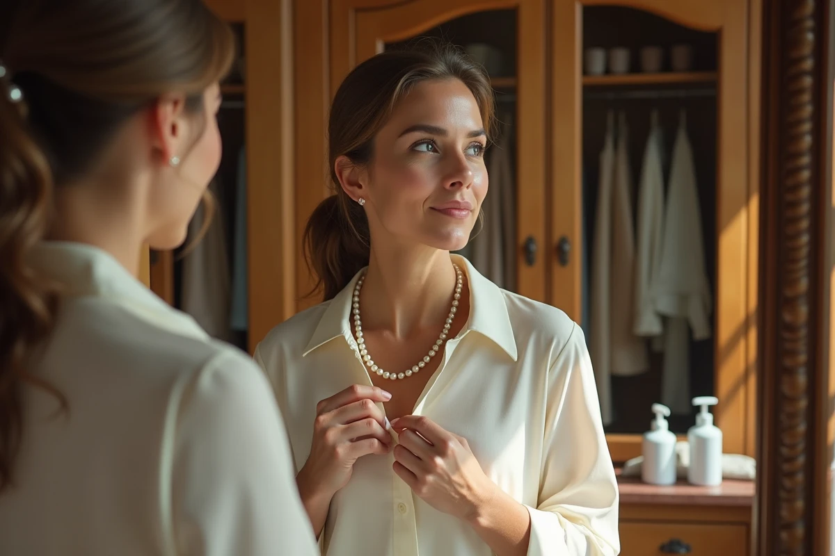 Femme enfilant un collier de perles de mariage devant un miroir ancien dans un dressing élégant