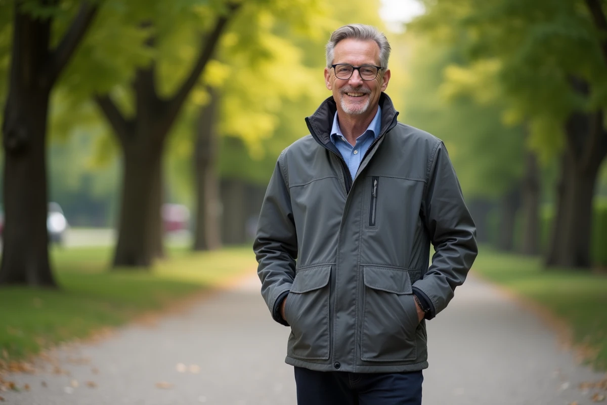 Portrait d'un homme élégant dans un parc urbain, représentant le compagnon discret d'une personnalité publique