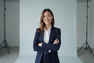 Portrait officiel d'une femme professionnelle en blazer marine lors d'une séance photo studio structurée