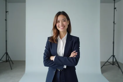 Portrait officiel d'une femme professionnelle en blazer marine lors d'une s&eacute;ance photo studio structur&eacute;e