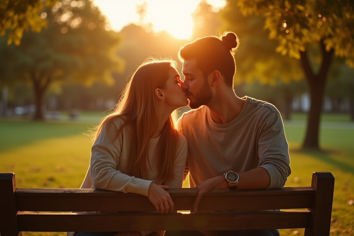 Jeune couple partageant un premier baiser au parc au coucher du soleil
