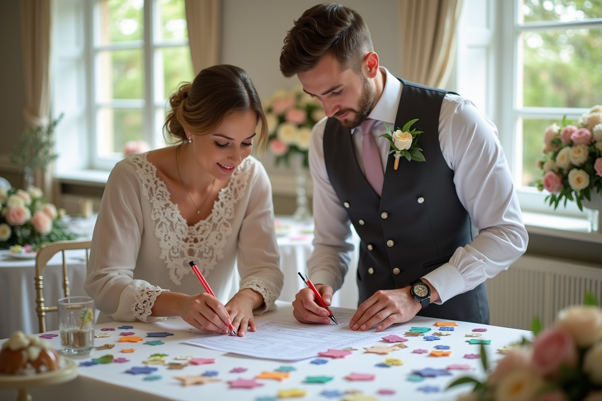 Couple planifiant jeux de mariage dans une salle decorée