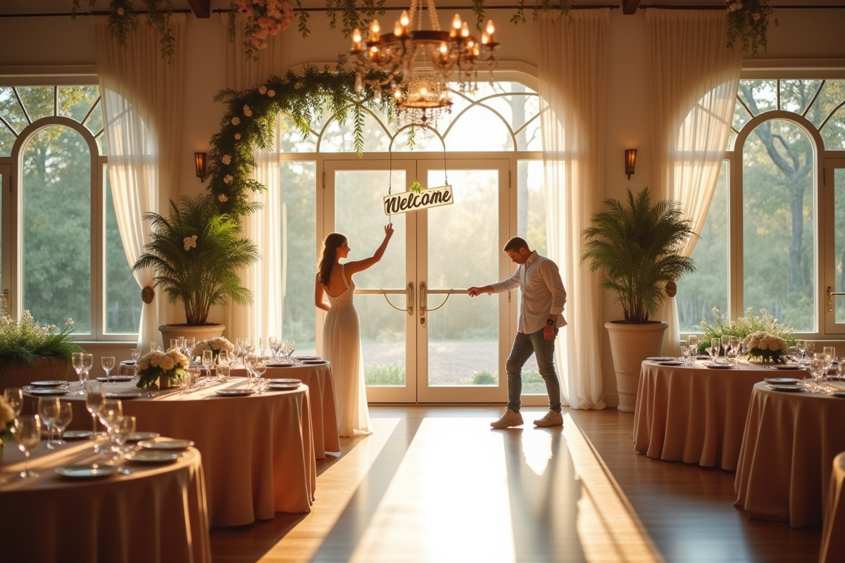 Décoration en cours dans une salle de mariage vide au matin