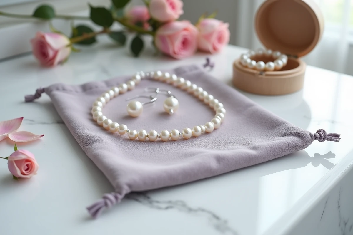 Parure de bijoux de mariage en perles rangée sur une pochette en velours gris et boîte à bijoux en bois sur marbre blanc