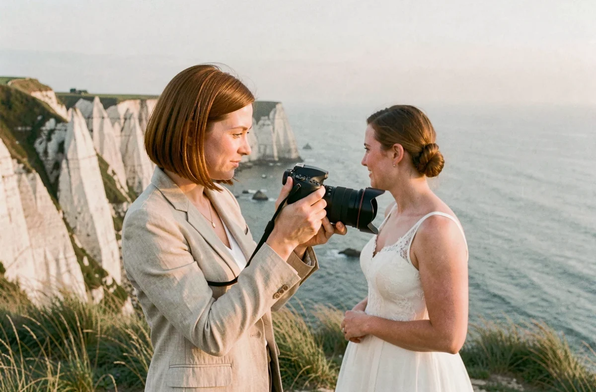 Raphaëlle Fava, photographe de mariage, photographiant un couple sur les falaises de Seine-Maritime au bord de la Manche