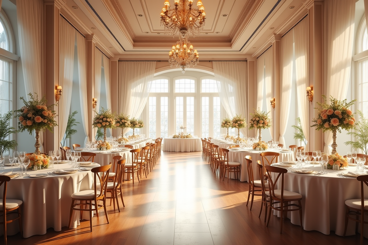 Salle de réception de mariage décorée avec différentes thèmes de tables