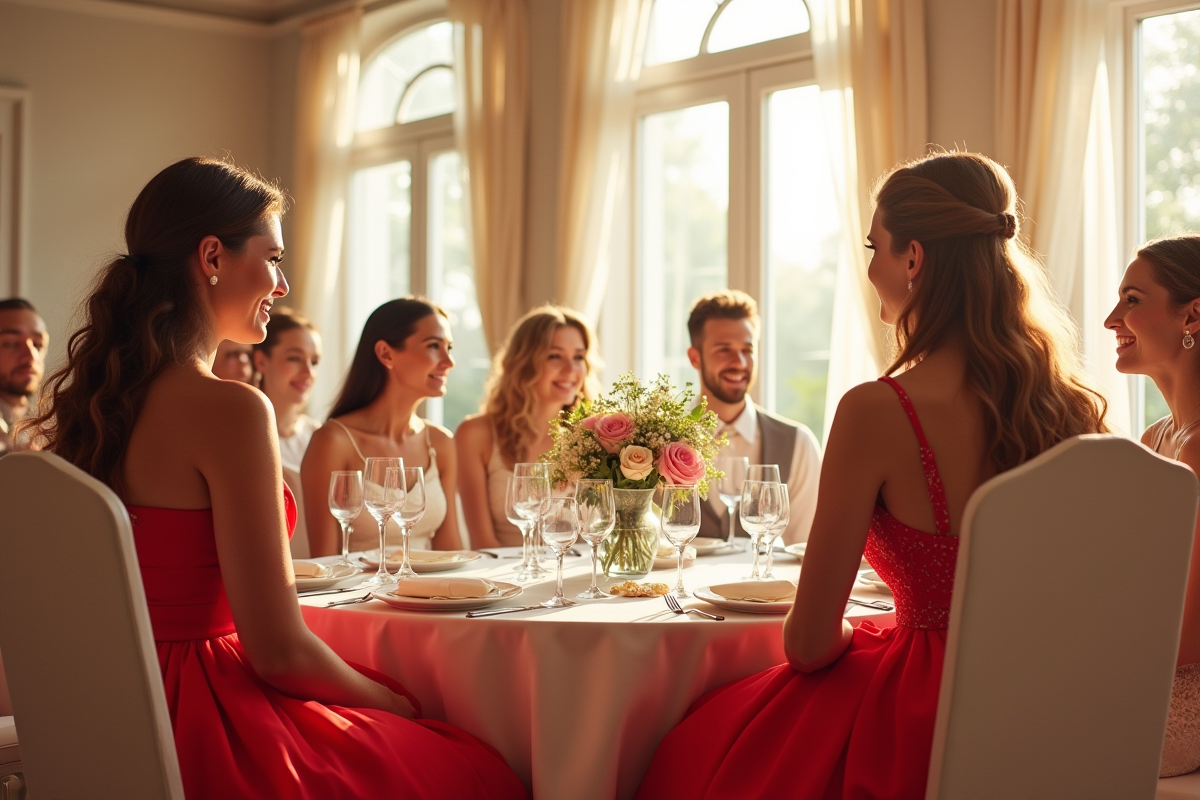 Réception de mariage élégante avec invité en robe rouge