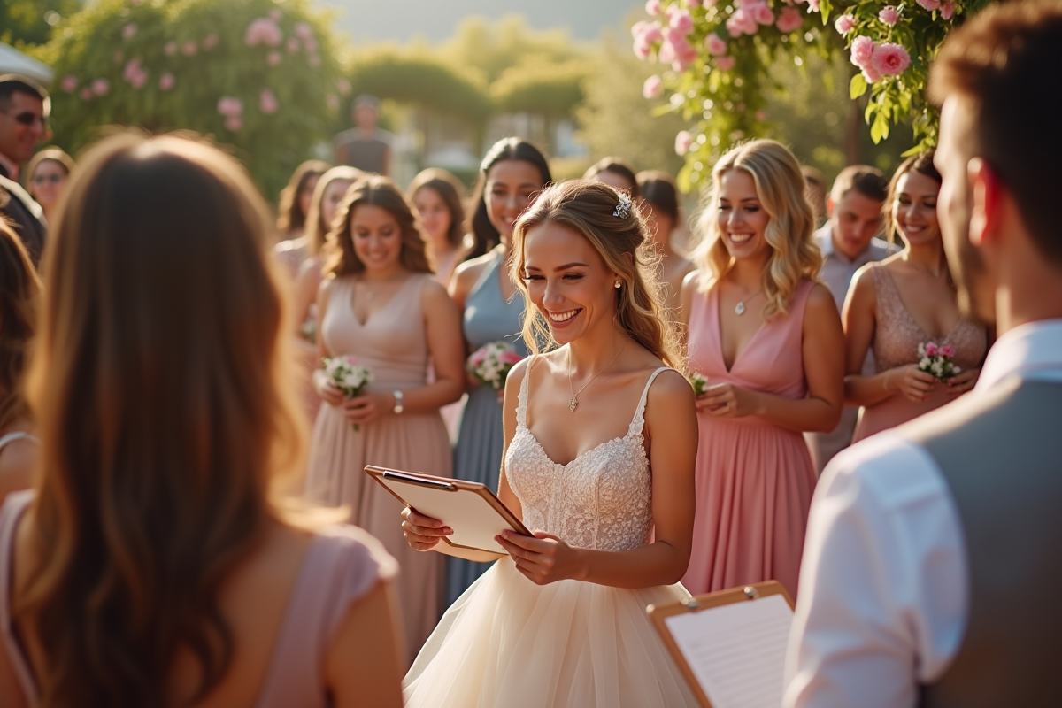 Groupe d'invites lors d'une reception mariage en plein air