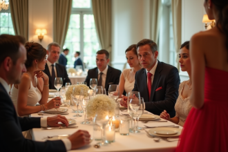Réception de mariage avec invités élégants autour d'une table décorée