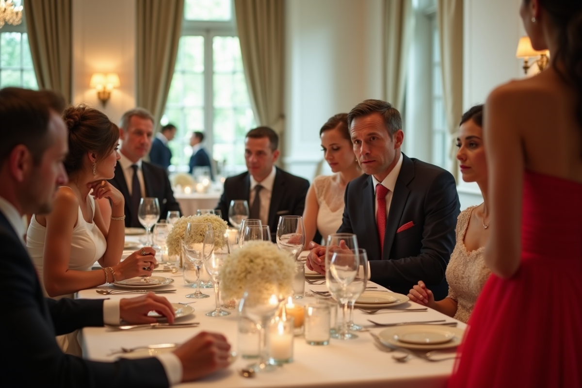 Réception de mariage avec invités élégants autour d'une table décorée