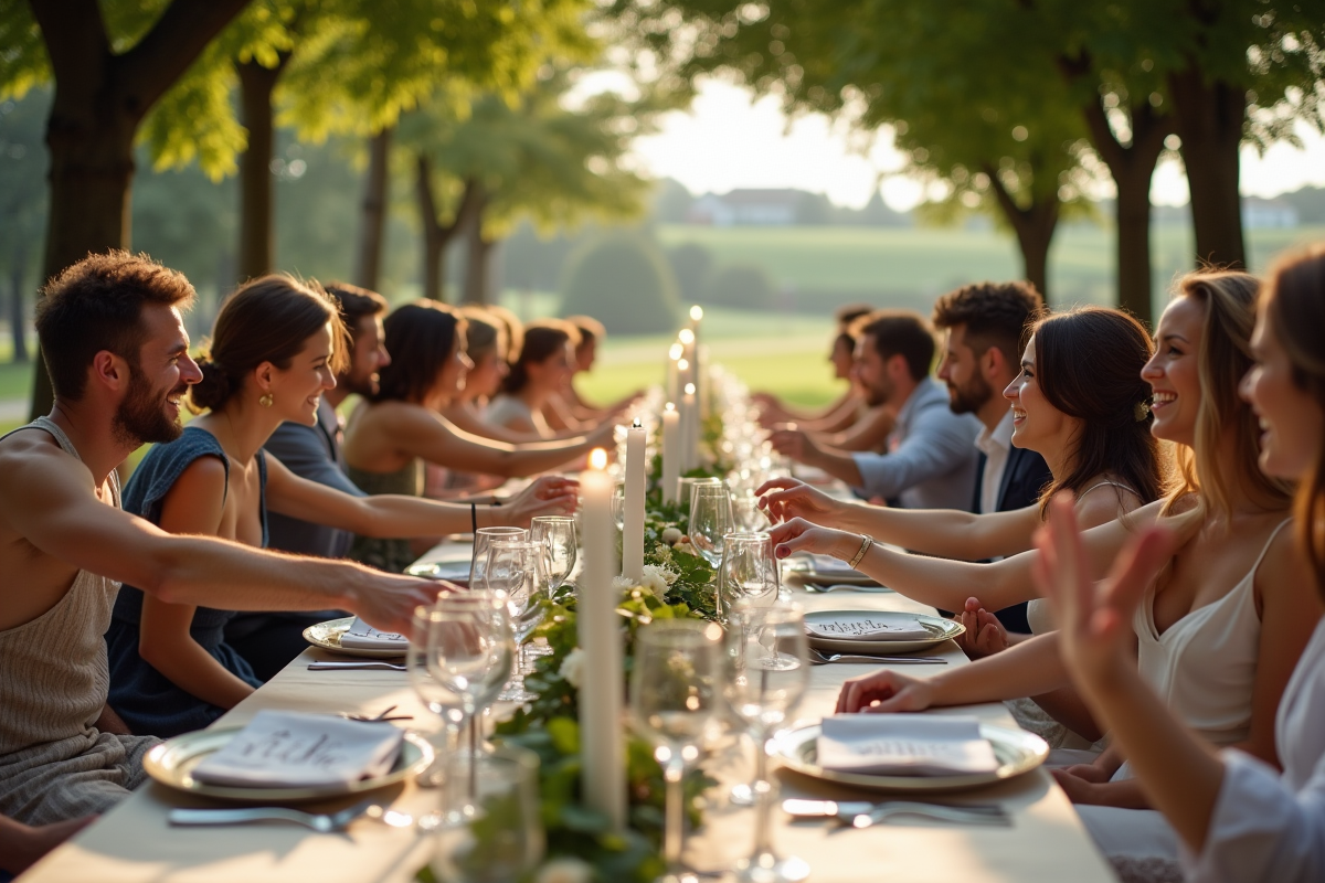 Table de reception en plein air avec invités et décor