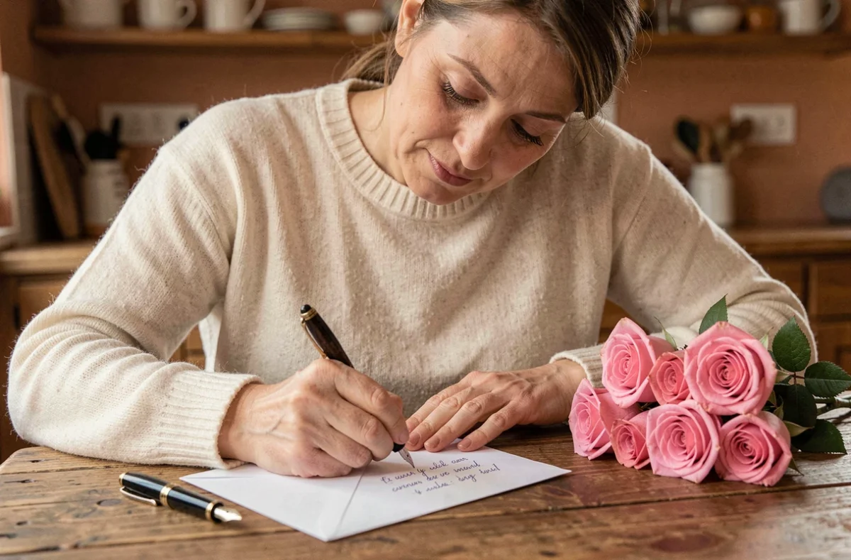 Femme rédigeant un texte de carte anniversaire de mariage 17 ans avec des roses roses sur une table en bois